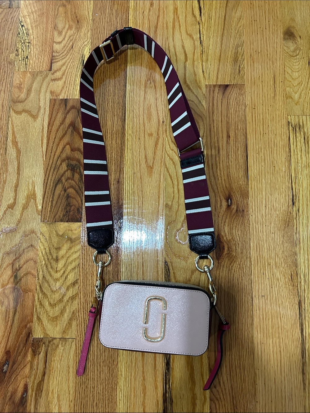 Marc Jacobs Blush Crossbody Bag with Striped Burgundy Strap